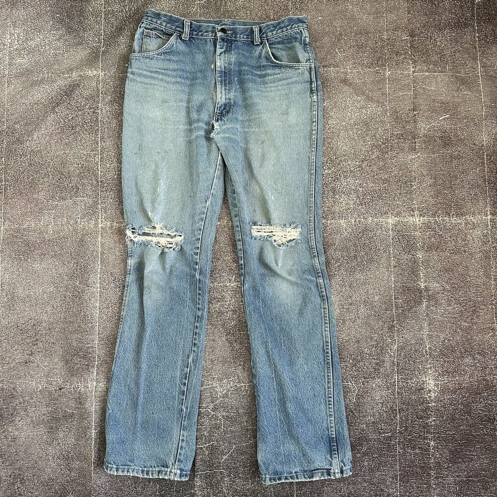 Men's Vintage 80's Wear Guard Light Wash Distressed Denim Blue Jeans Sz 33 X 32